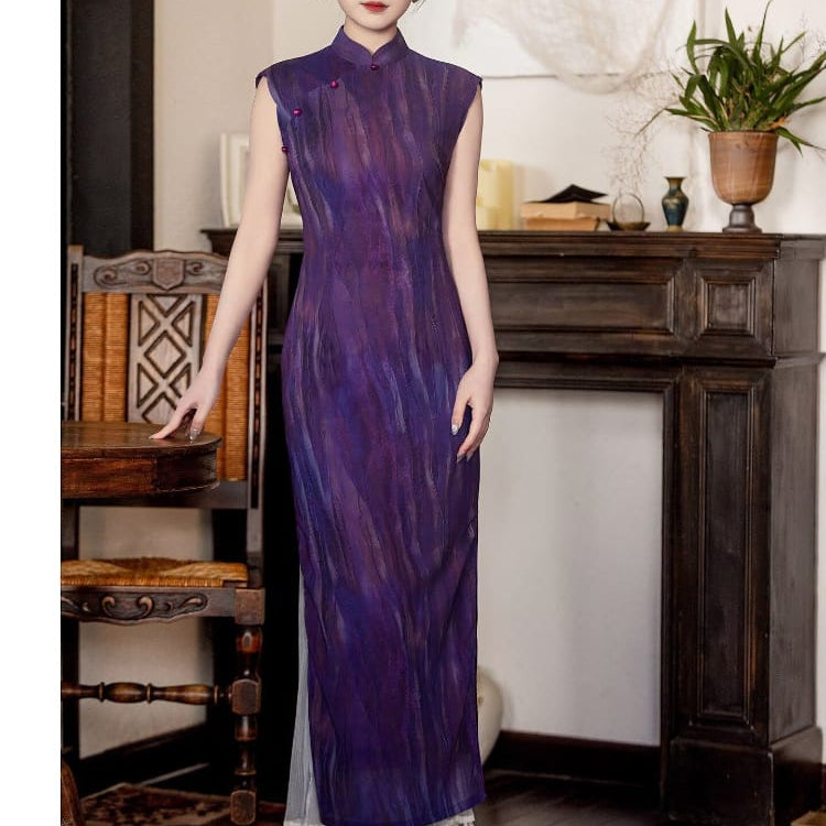 Beth and Brian Qipao-LSB Purple Ombre Ripple Print, Mesh long Cheongsam