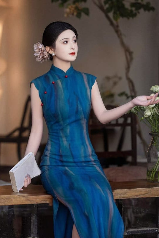 Beth and Brian Qipao-LSB Purple Ombre Ripple Print, Mesh long Cheongsam