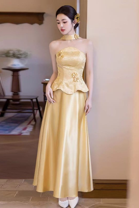 Beth and Brian Qipao-YLBM Ruby Red Satin Formal Qipao Dress with Peplum Top and Flared Skirt