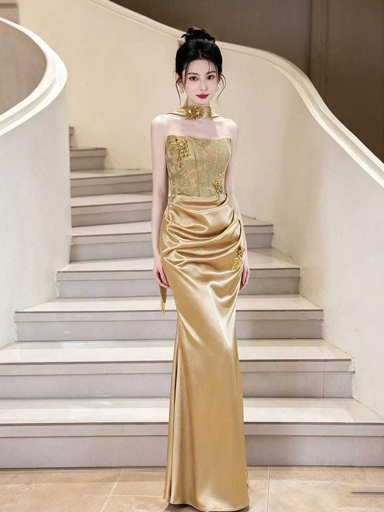 Beth and Brian Qipao-BY Victoria Gold Embroidered Mermaid Evening Cheongsam