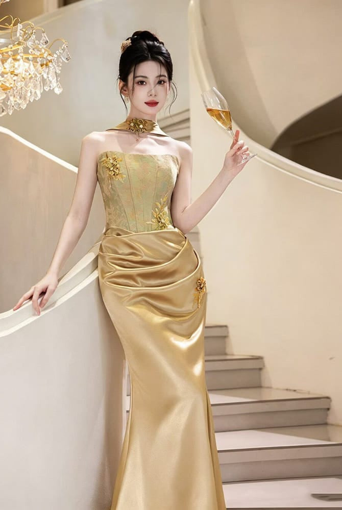 Beth and Brian Qipao-BY Victoria Gold Embroidered Mermaid Evening Cheongsam
