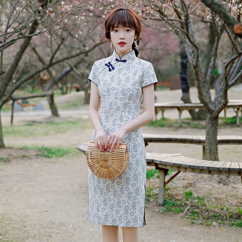 Beth and Brian Qipao-JM Emma Blue Floral Print Cotton Cheongsam With Short-Sleeve