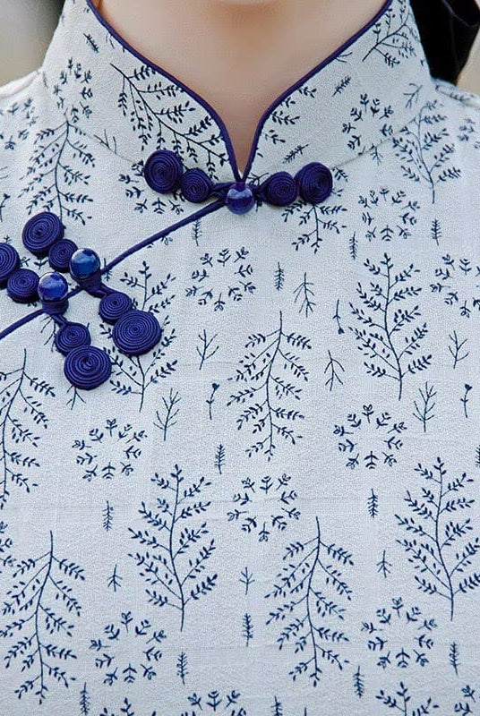 Beth and Brian Qipao-JM Emma Blue Floral Print Cotton Cheongsam With Short-Sleeve