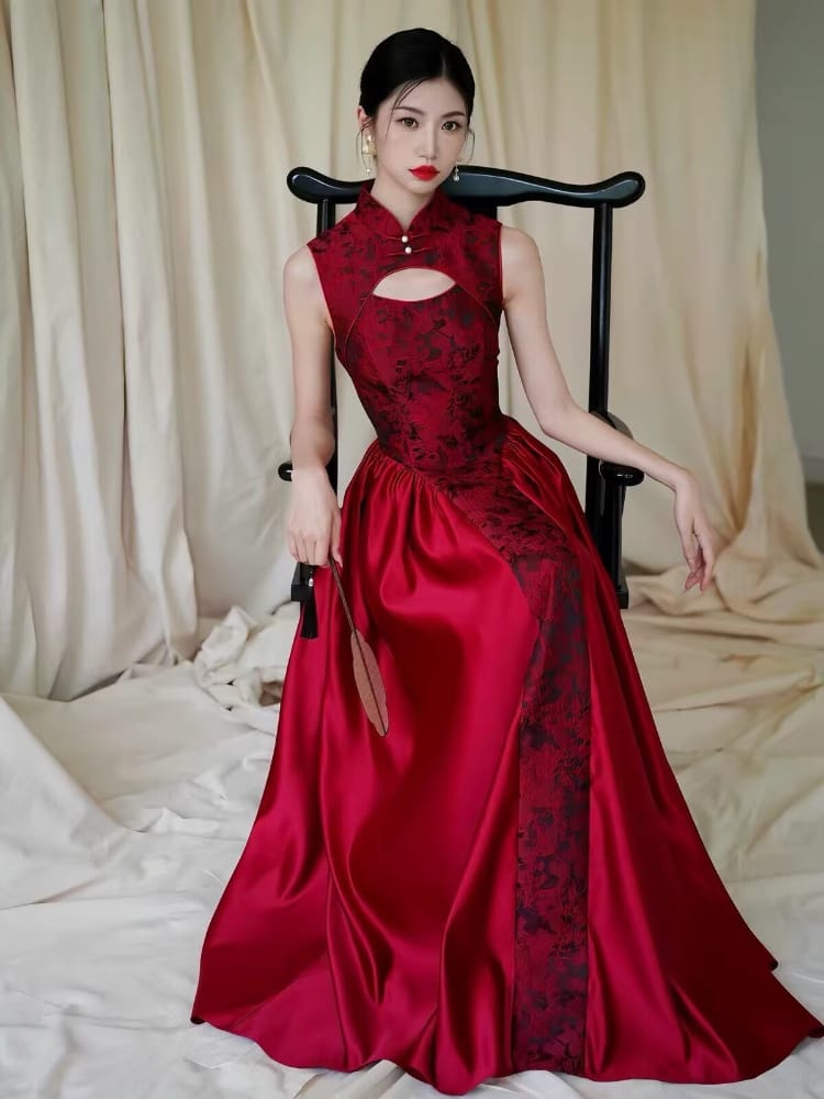 Beth and Brian Qipao-HJ Ruby Sleeveless Red Formal Qipao Dress with Neckline & Keyhole Cutout