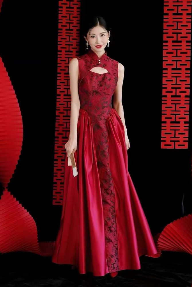 Beth and Brian Qipao-HJ Ruby Sleeveless Red Formal Qipao Dress with Neckline & Keyhole Cutout