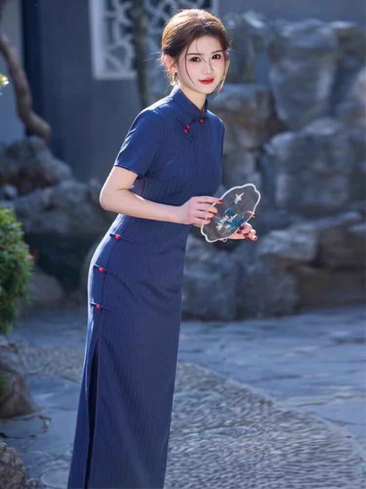 Beth and Brian Qipao-SWW Clara Indigo Bamboo Linen(仿竹节麻) Cheongsam with Mandarin Collar