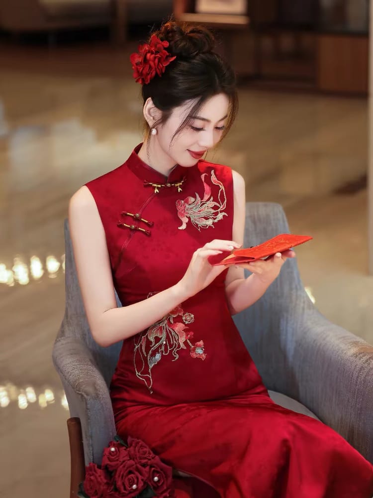 Beth and Brian Qipao-WX Luna’s Red Koi Embroidery, Sleeveless Midi Cheongsam