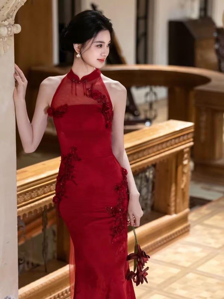 Beth and Brian Qipao-WX Chloe | Elegant Halter Red Mermaid Cheongsam