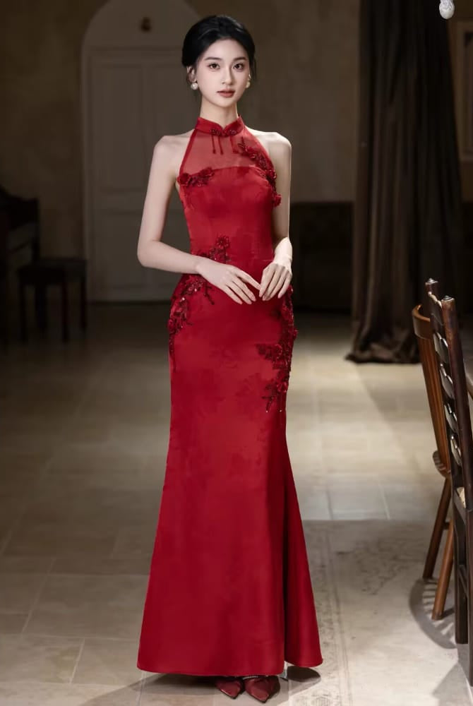 Beth and Brian Qipao-WX Chloe | Elegant Halter Red Mermaid Cheongsam