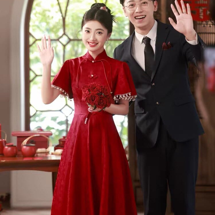 Beth and Brian Qipao-WX Luna | Elegant Red Midi Cheongsam with Pearl-Trimmed Flounce Sleeves