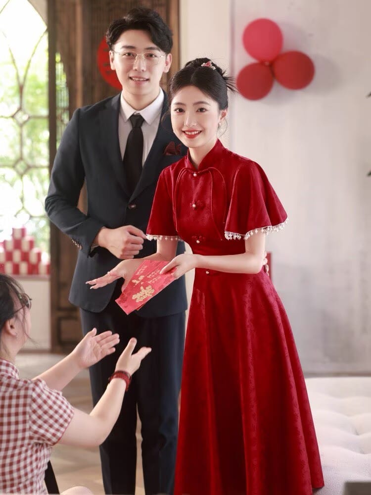 Beth and Brian Qipao-WX Luna | Elegant Red Midi Cheongsam with Pearl-Trimmed Flounce Sleeves