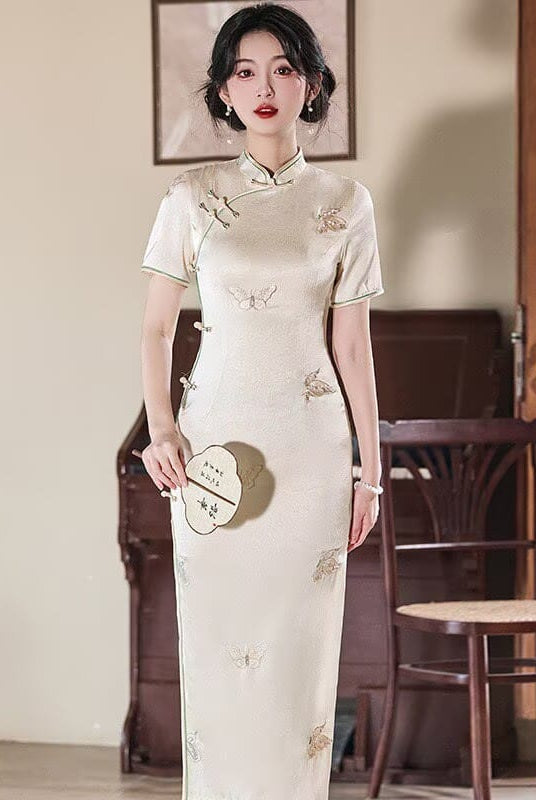 Beth and Brian Qipao-JM Hazel’s Sage Butterfly Jacquard Satin Cheongsam