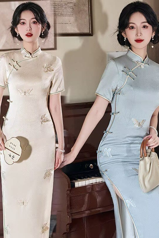 Beth and Brian Qipao-JM Hazel’s Sage Butterfly Jacquard Satin Cheongsam