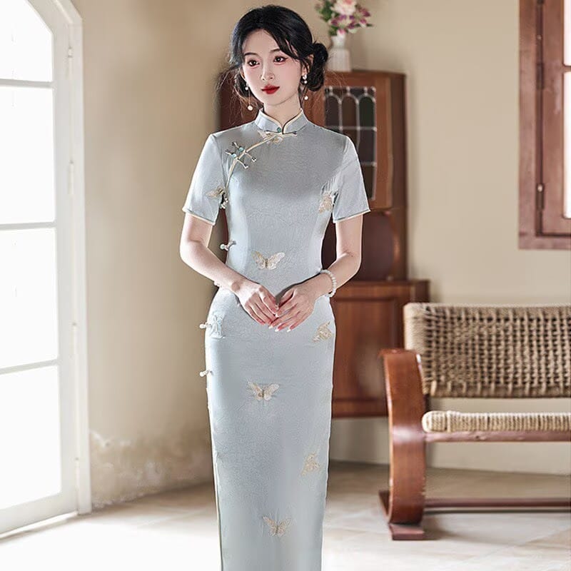 Beth and Brian Qipao-JM Hazel’s Sage Butterfly Jacquard Satin Cheongsam