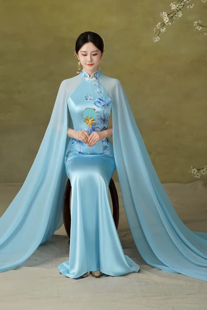 Beth and Brian Qipao-YJ Chloe’s Blue Floral Embroidery Cape-Train Qipao Gown