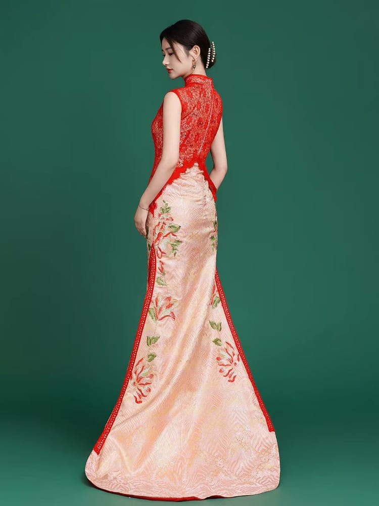 Beth and Brian Qipao-YJ Scarlett’s Lace & Jiangya Seawater Motif Trailing Qipao Gown