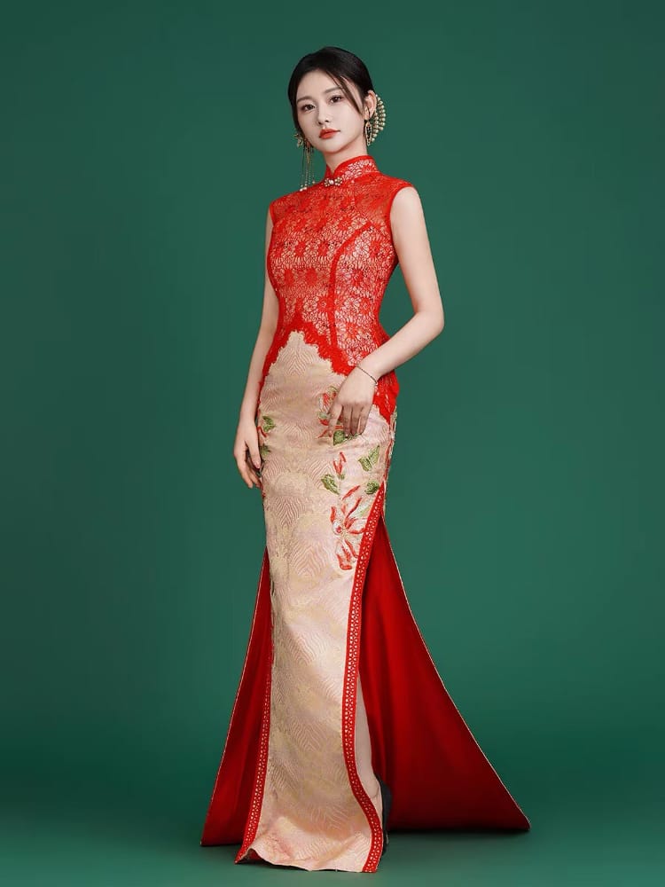 Beth and Brian Qipao-YJ Scarlett’s Lace & Jiangya Seawater Motif Trailing Qipao Gown