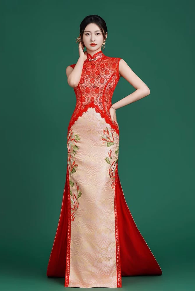 Beth and Brian Qipao-YJ Scarlett’s Lace & Jiangya Seawater Motif Trailing Qipao Gown