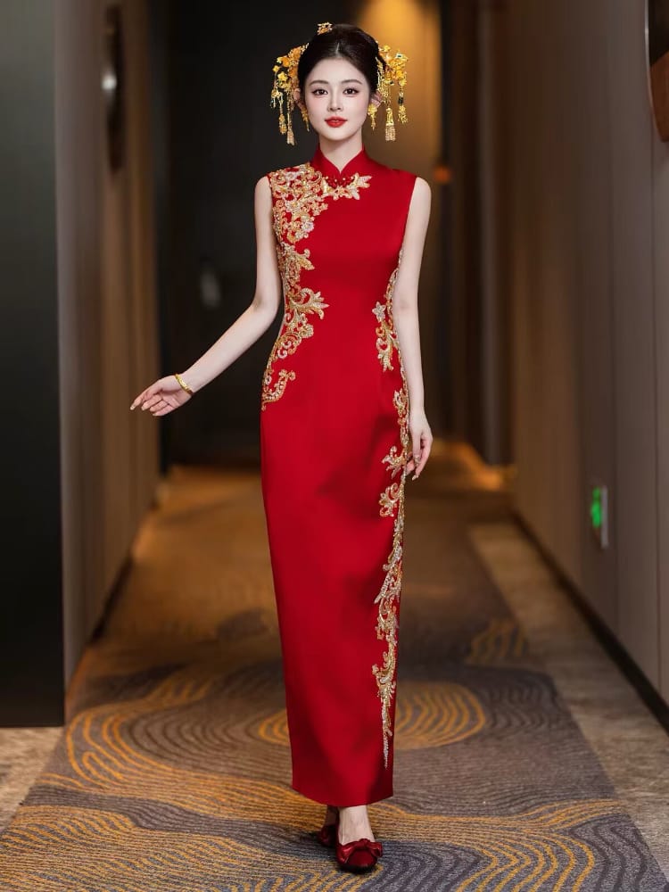 Beth and Brian Qipao-DML Audrey’s Red & Gold Embellished Cape-Train Wedding Qipao Set
