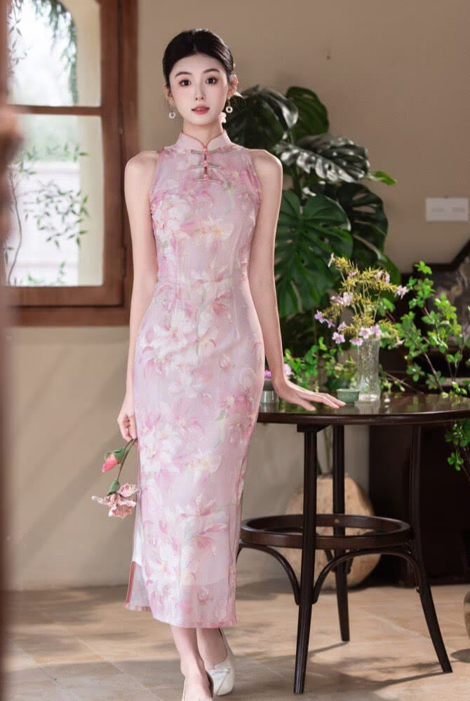 Beth and Brian Qipao-SS Serena’s Pink Floral Halter Mesh Long Cheongsam