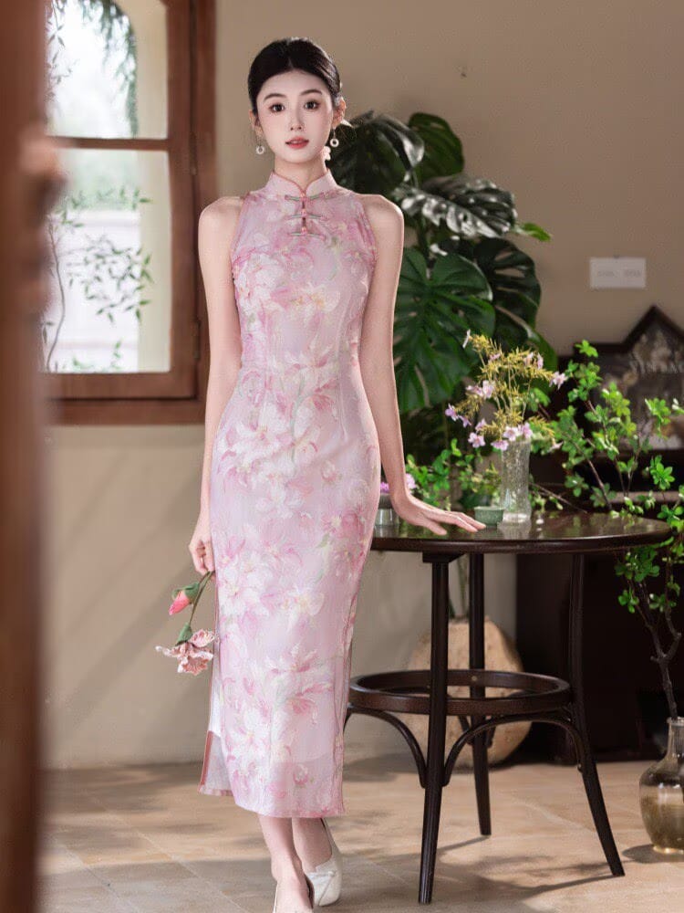 Beth and Brian Qipao-SS Serena’s Pink Floral Halter Mesh Long Cheongsam