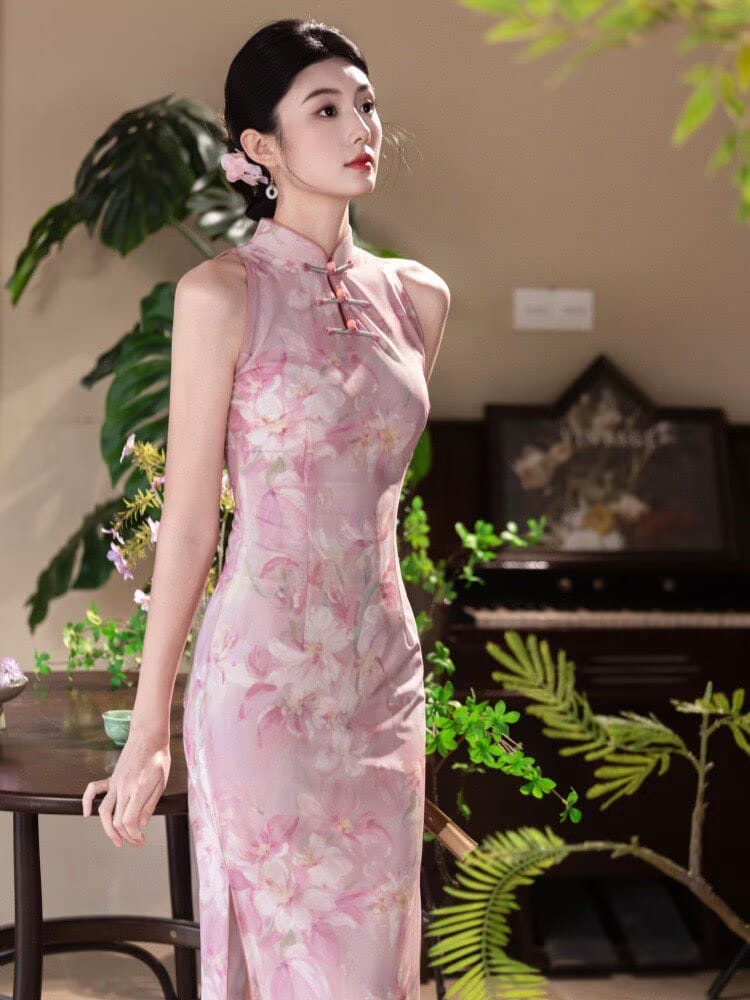 Beth and Brian Qipao-SS Serena’s Pink Floral Halter Mesh Long Cheongsam