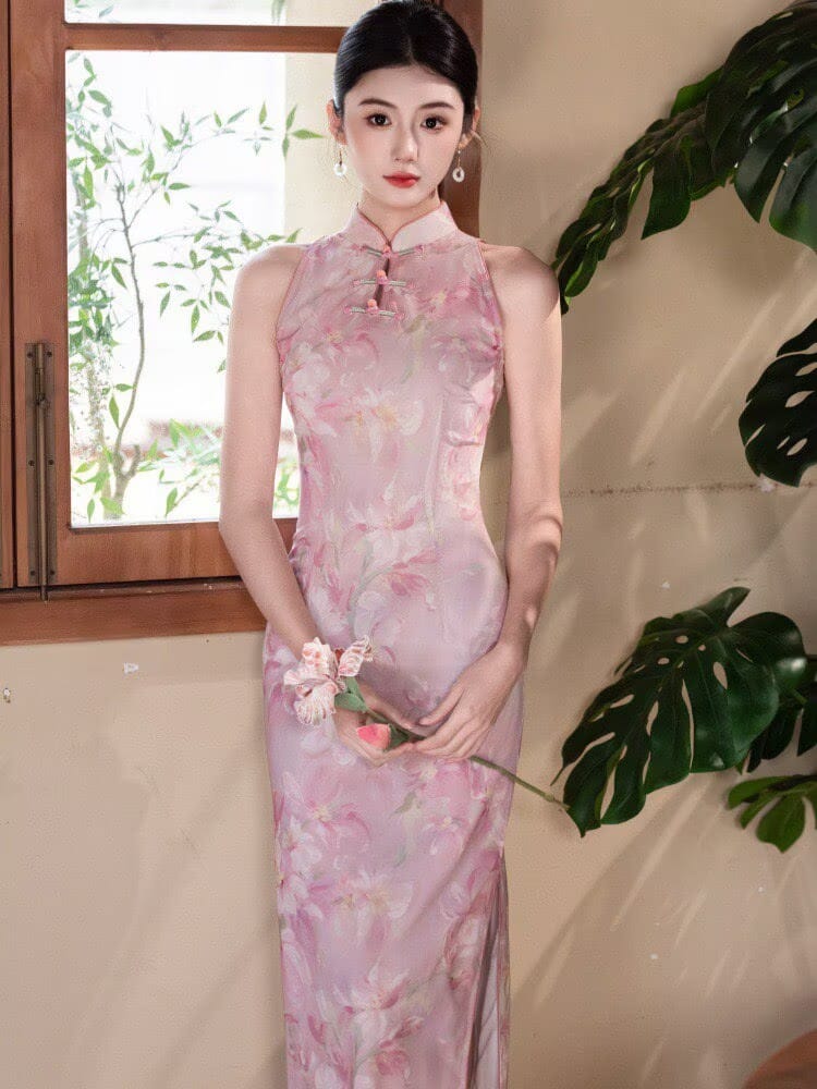 Beth and Brian Qipao-SS Serena’s Pink Floral Halter Mesh Long Cheongsam