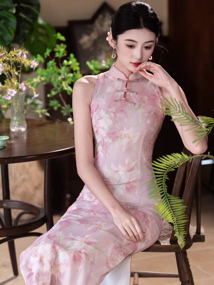 Beth and Brian Qipao-SS Serena’s Pink Floral Halter Mesh Long Cheongsam