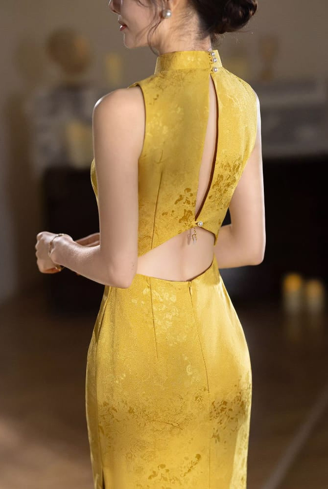 Beth and Brian Qipao-XLY Elena’s Gold Jacquard Satin Midi Cheongsam