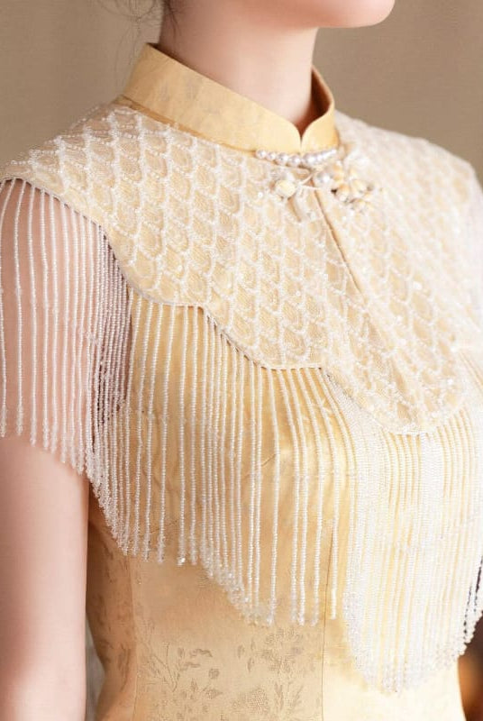 Beth and Brian Qipao-MX Yellow Tassel Shawl Jacquard Satin Midi Qipao Set