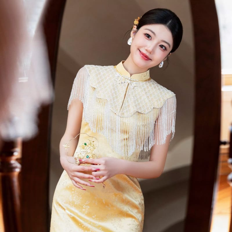 Beth and Brian Qipao-MX Yellow Tassel Shawl Jacquard Satin Midi Qipao Set