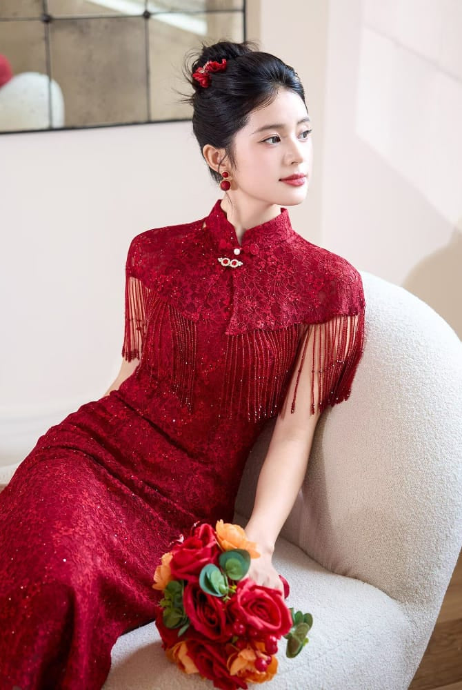 Beth and Brian Qipao-MY Stella’s Red Lace Tassel Shawl Long Cheongsam Set