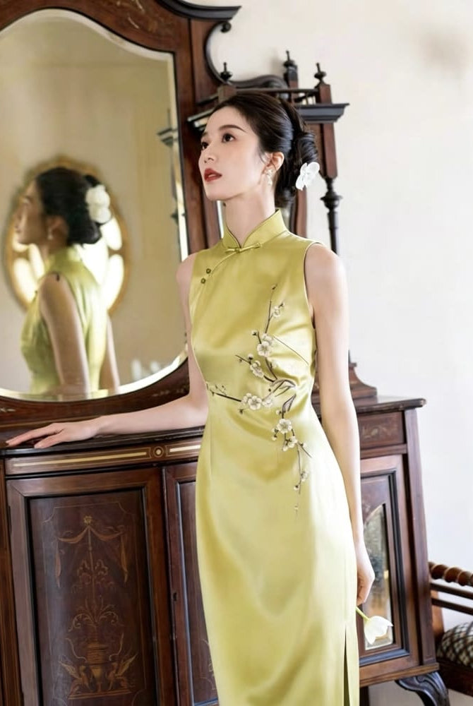 Beth and Brian Qipao-EC Vivian’s Chartreuse Plum Blossom Acetate Satin Long Cheongsam