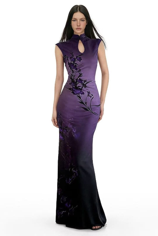 Beth and Brian Qipao-FF Violet’s Enchanted Iris Print Cheongsam: The Midnight Bloom