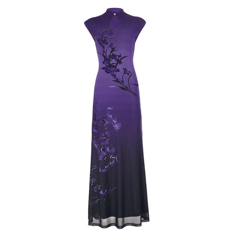 Beth and Brian Qipao-FF Violet’s Enchanted Iris Print Cheongsam: The Midnight Bloom