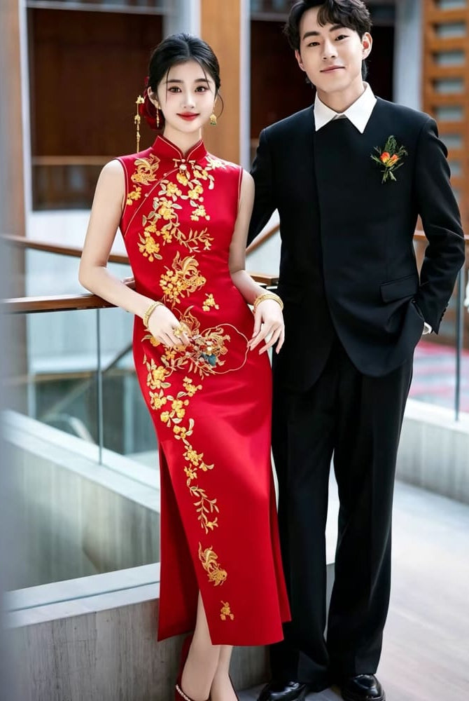Beth and Brian Qipao-YY Eleanor’s Crimson Koi Pattern Cheongsam: The Gilded Promise