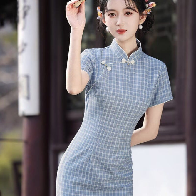 Beth and Brian Qipao-XL Plaid Pattern Cotton‑Linen Midi Cheongsam