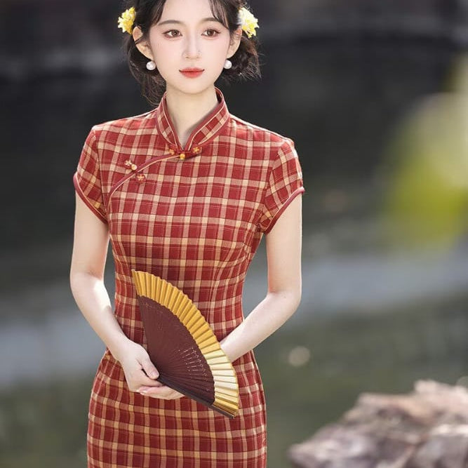 Beth and Brian Qipao-XL Plaid Pattern Cotton‑Linen Midi Cheongsam