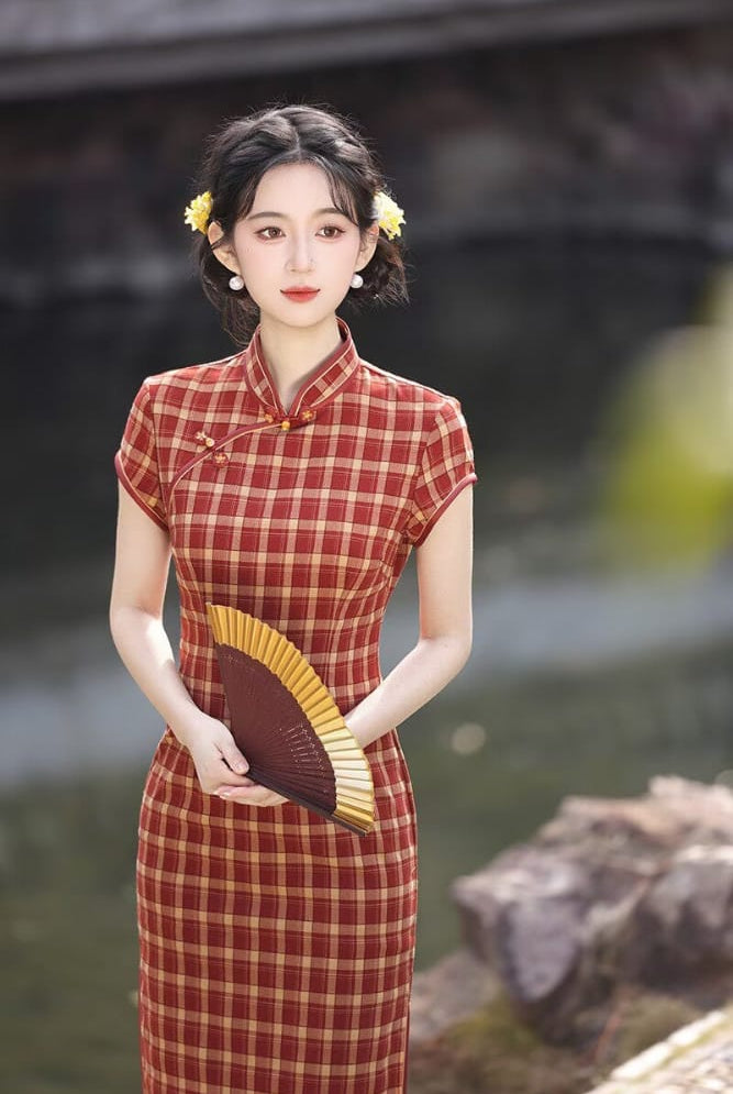 Beth and Brian Qipao-XL Plaid Pattern Cotton‑Linen Midi Cheongsam