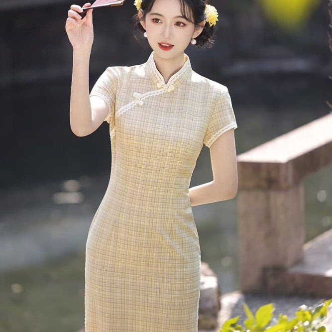 Beth and Brian Qipao-XL Plaid Pattern Cotton‑Linen Midi Cheongsam