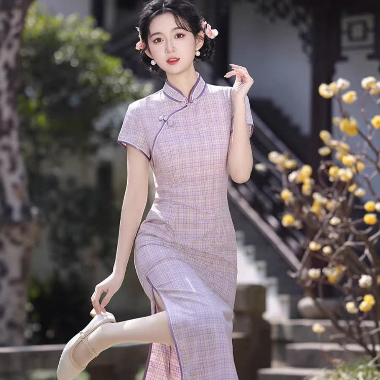 Beth and Brian Qipao-XL Plaid Pattern Cotton‑Linen Midi Cheongsam