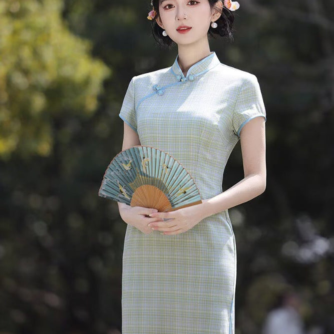 Beth and Brian Qipao-XL Plaid Pattern Cotton‑Linen Midi Cheongsam