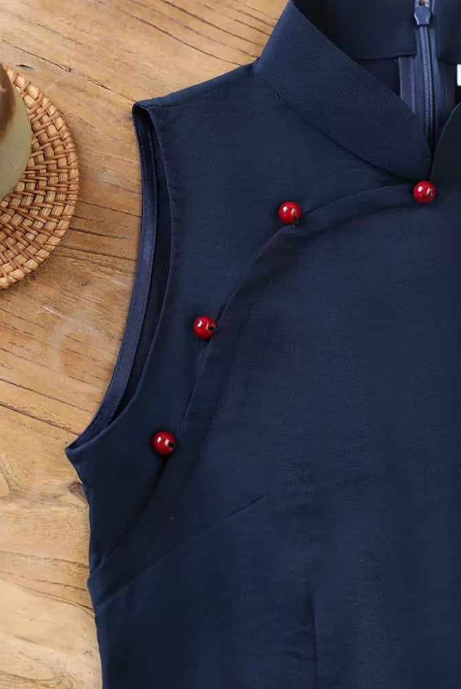 Beth and Brian Qipao-JNX Sleeveless, Navy Blue Linen Blend Midi Cheongsam