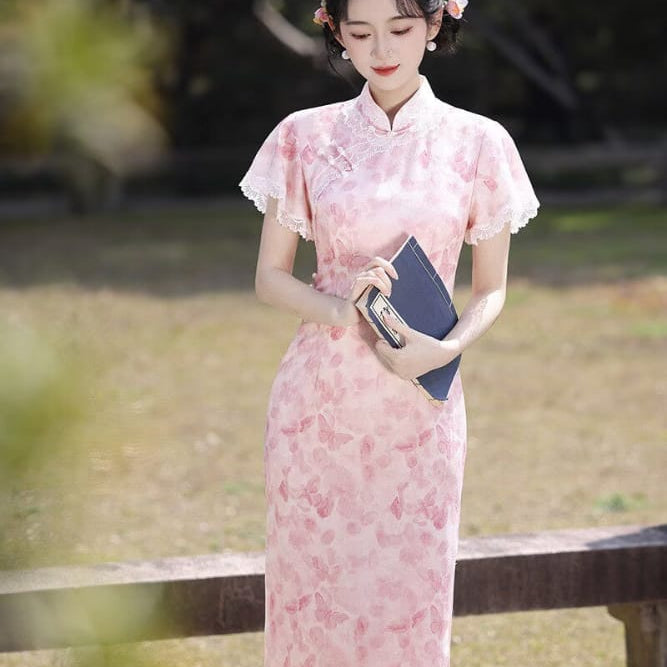 Beth and Brian Qipao-XL Lilian Gradient Butterfly Print Tencel‑Linen Qipao