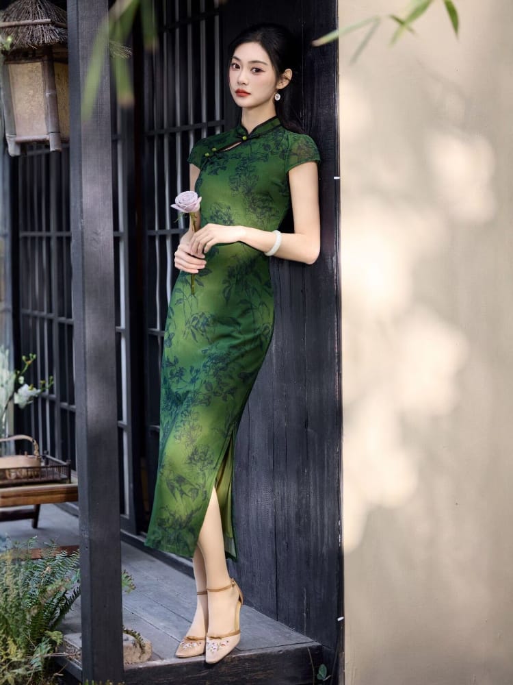 Bethandbrianqipao-JQZ Green Floral‑Print Mesh Long Cheongsam