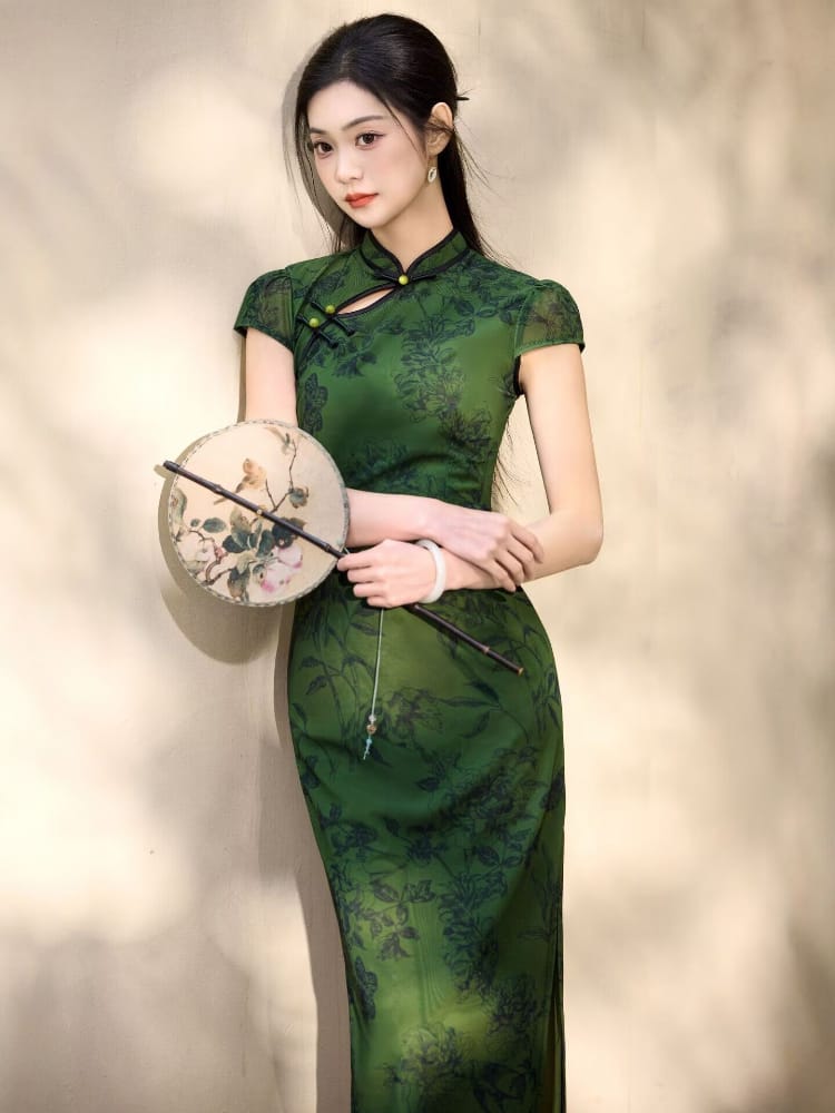 Bethandbrianqipao-JQZ Green Floral‑Print Mesh Long Cheongsam