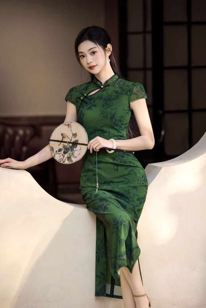 Bethandbrianqipao-JQZ Green Floral‑Print Mesh Long Cheongsam