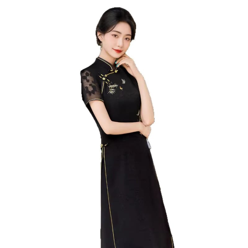 Beth and Brian qipao-MRSC Mia Black Bamboo Embroidery Midi Plus size Ao‑Dai