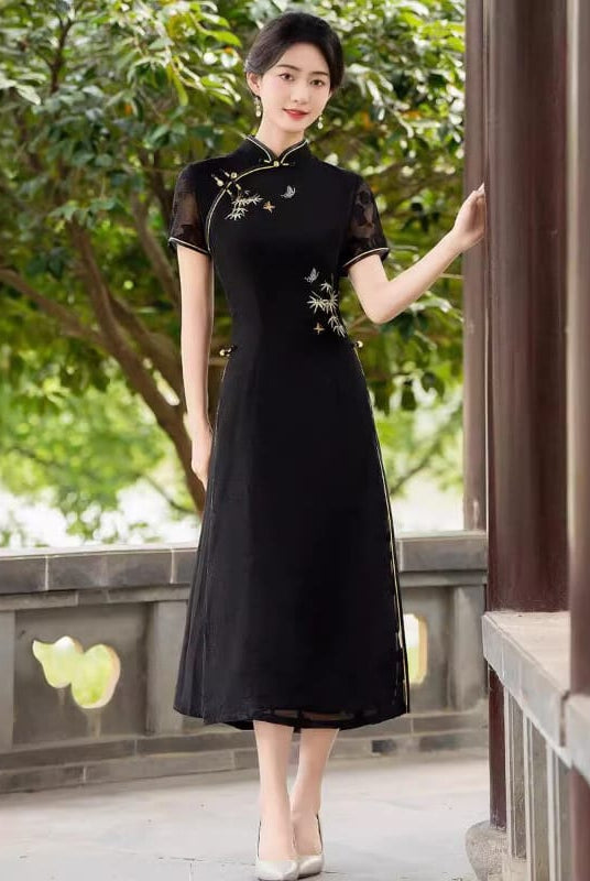 Beth and Brian qipao-MRSC Mia Black Bamboo Embroidery Midi Plus size Ao‑Dai