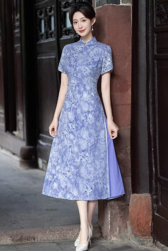 Beth and Brian qipao-MRSC Seraphina Lavender Floral Jacquard Midi Ao Dai
